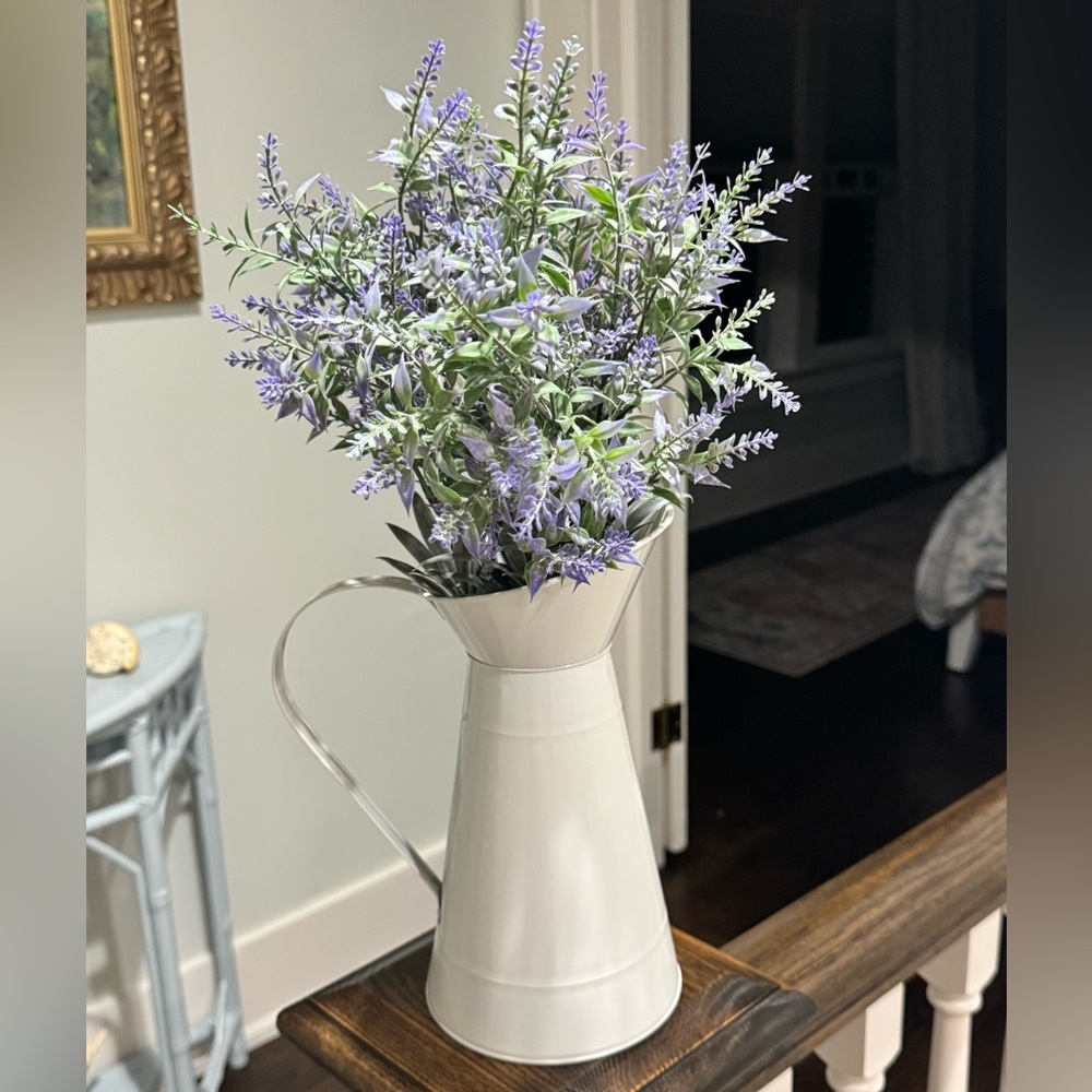 Lavender Faux Floral Arrangement in White Metal Pitcher